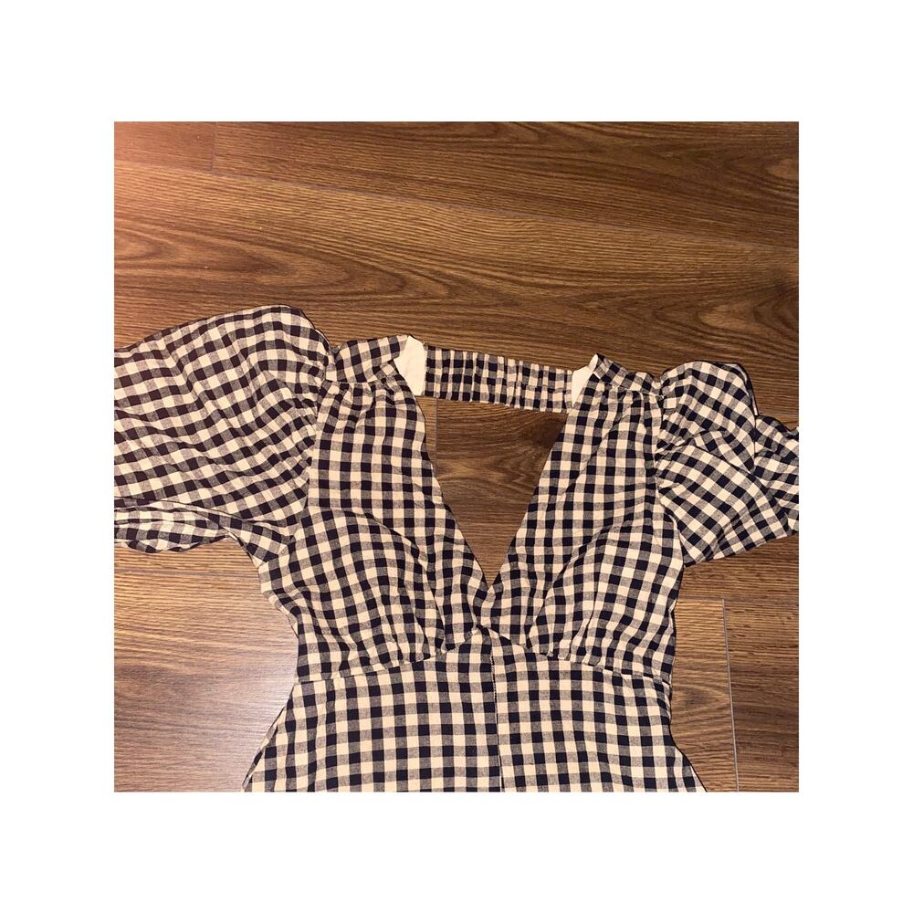 EUC DISSH Elm Chocolate Gingham Midi Dress Puff Sleeve Open Back Cotton Size 4 - Picture 11 of 16